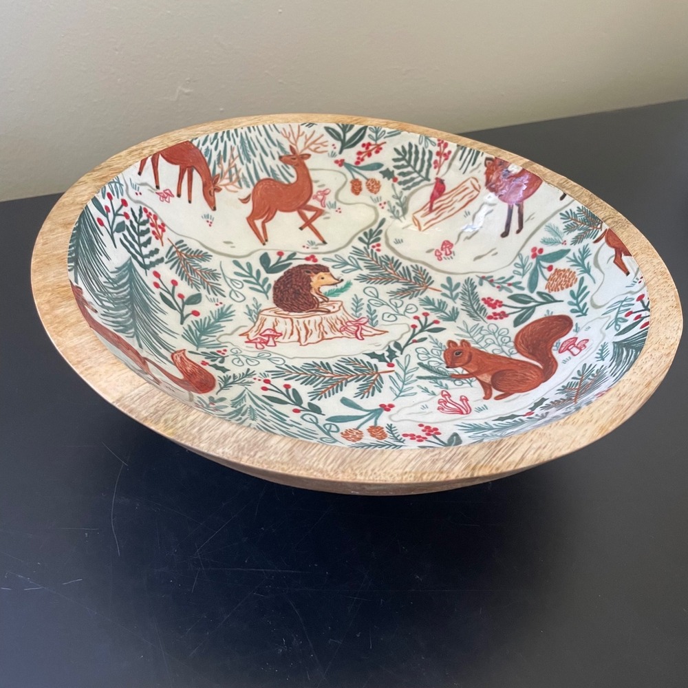 Hand Painted Kenzie Kae Mango Wood Bowl w Enamel Inner‎ 10 in Cottagecore Forest
